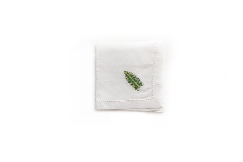 Cocktail Napkin with Hand Embroidered Banana Leaf