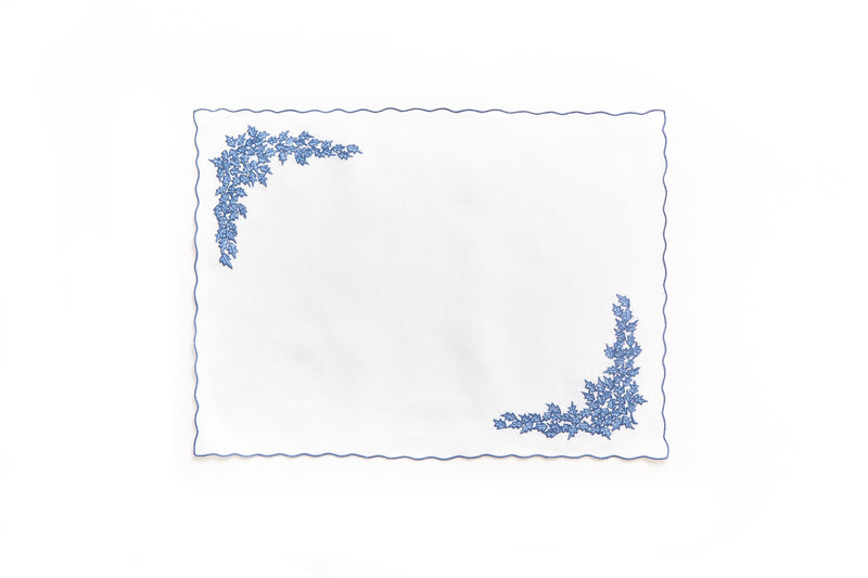 White Placemats with Embroidered Navy blue Leaves and Corded edge, Set of 4