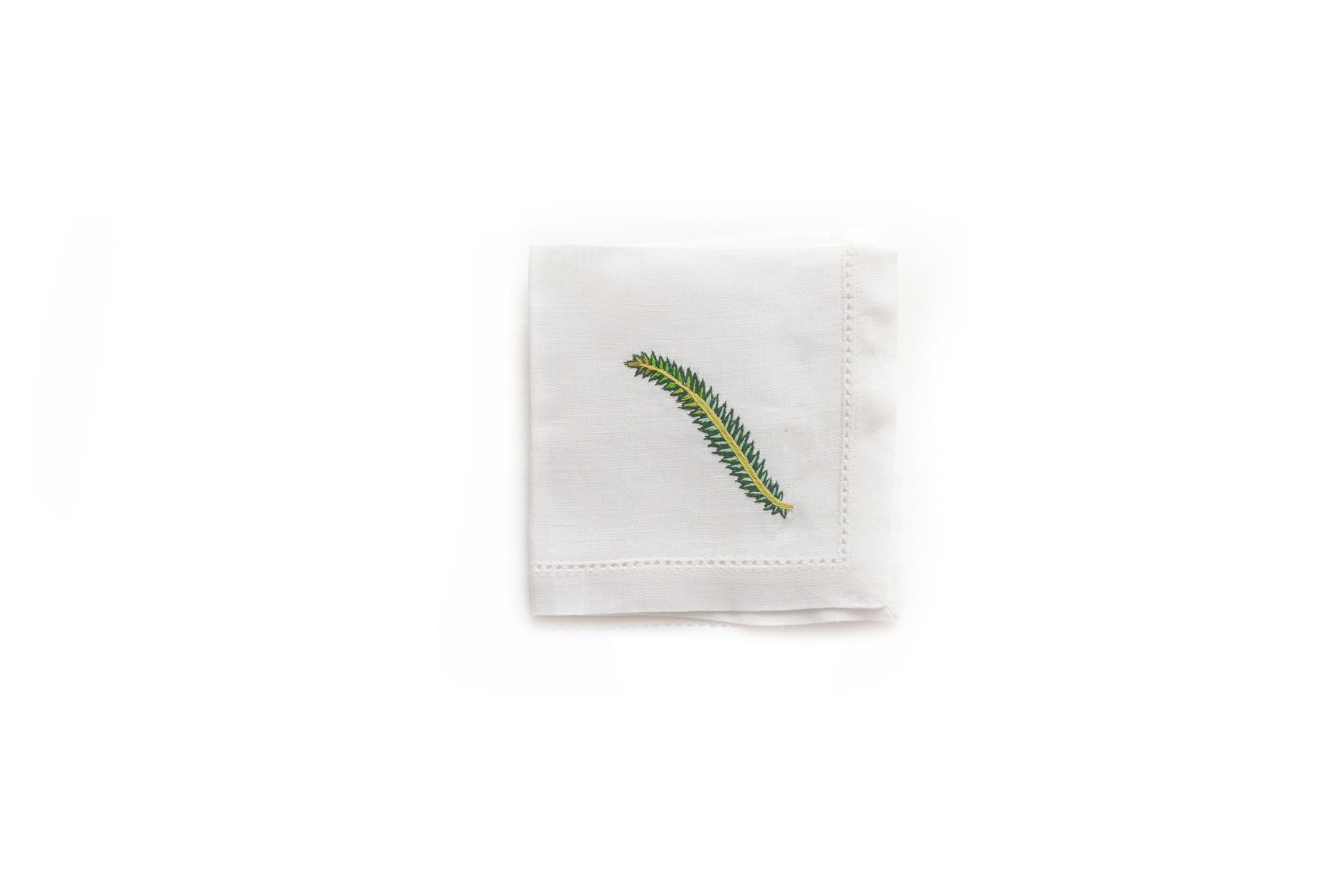 Cocktail Napkin with Hand Embroidered Fern