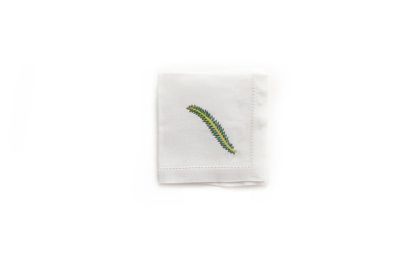 Cocktail Napkin with Hand Embroidered Fern
