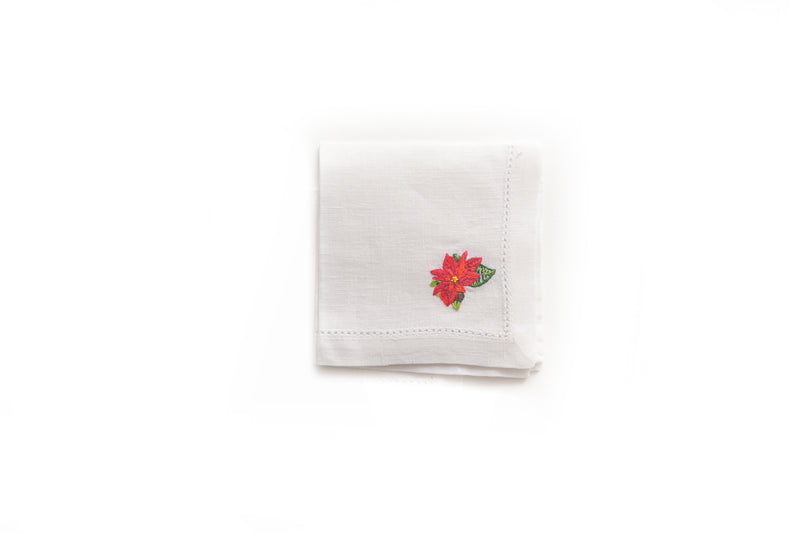Cocktail Napkin with Hand Embroidered Poinsettia