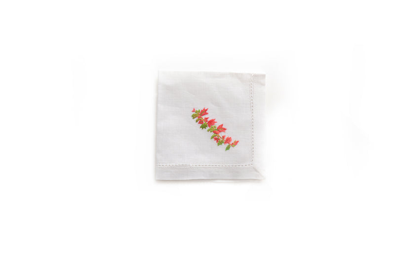Cocktail Napkin with Hand Embroidered Bougainvillea
