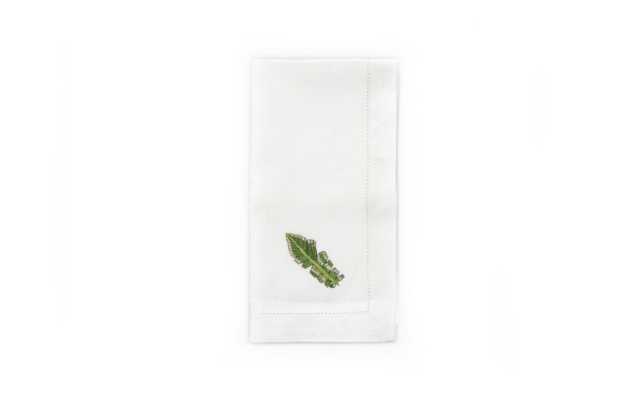 White Napkin with Hand Embroidered Banana Leaf