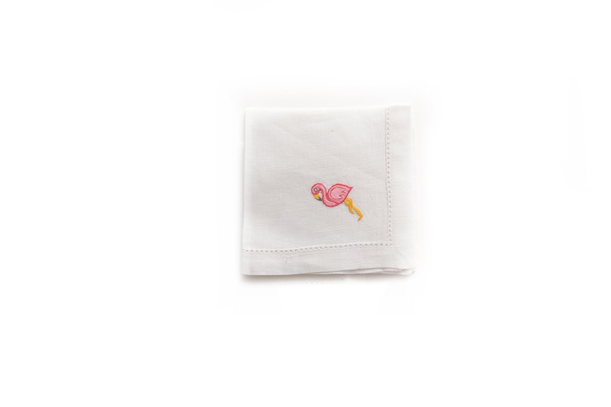 Cocktail Napkin with Hand Embroidered Flamingo