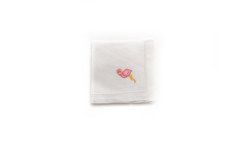 Cocktail Napkin with Hand Embroidered Flamingo
