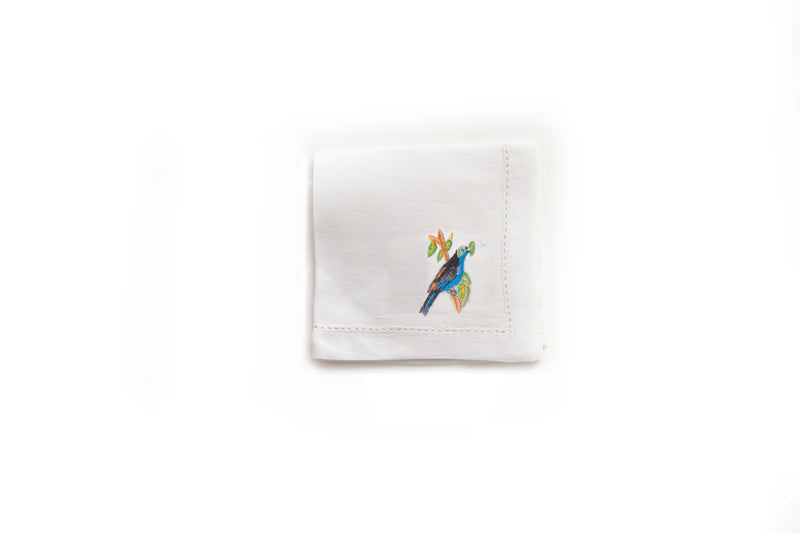 Cocktail Napkin with Hand Embroidered Bluejay