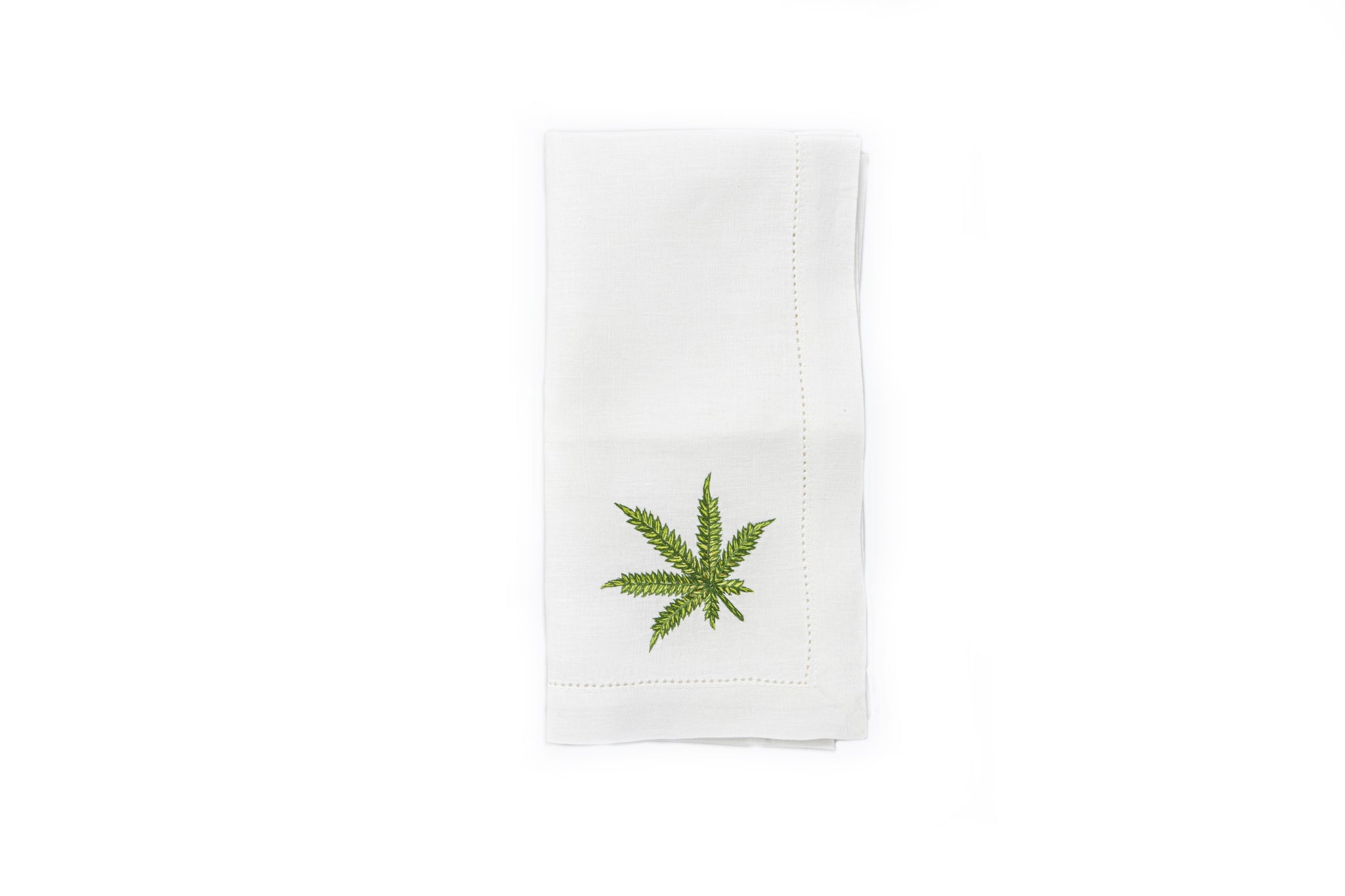 White Napkin with Hand Embroidered Cannabis Leaf