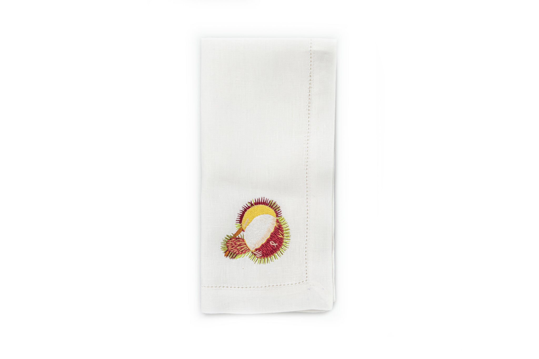 White Napkin with Hand Embroidered Rambutan