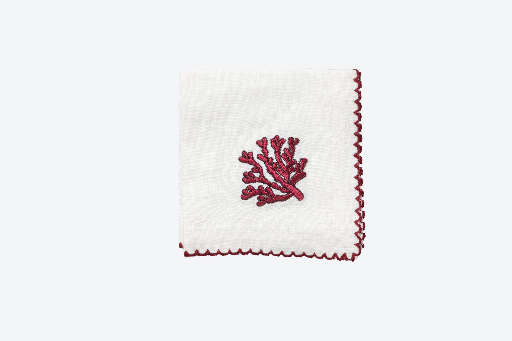 Cocktail Napkin with Embroidered Burgundy Coral, Set of 4