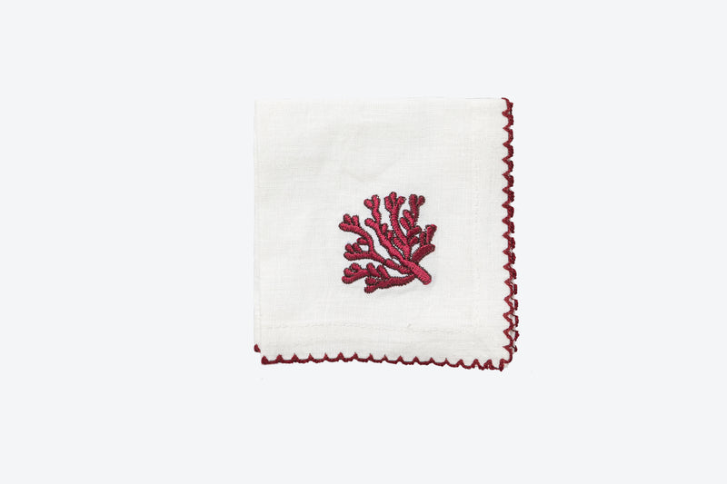 Cocktail Napkin with Embroidered Burgundy Coral, Set of 4