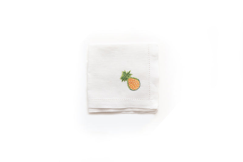 Cocktail Napkin with Hand Embroidered Pineapple