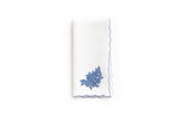 White Napkins with Embroidered Blue Leaves and Corded Edge, Set of 4
